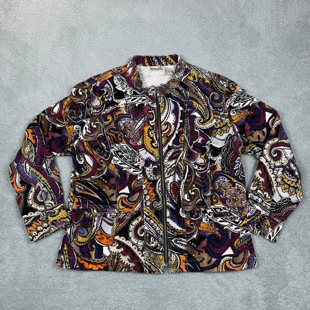 Chico's Women Paisley Corduroy Zip Jacket Multi-Color Size 3 - XL‎ Artsy Retro